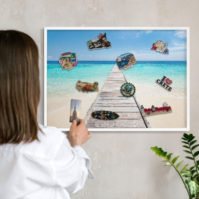 Magnetic board for travel magnets in a white frame Ocean Pier
