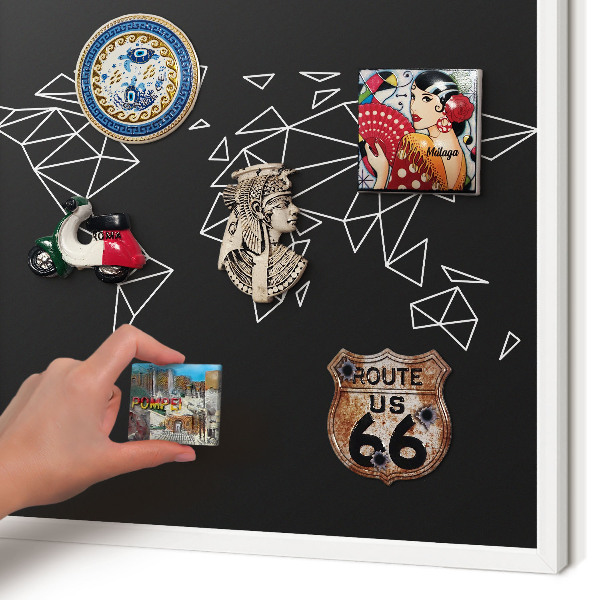 Magnetic board for travel magnets in a white frame World map