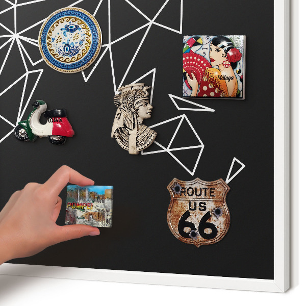 Magnetic board for travel magnets in a white frame World map