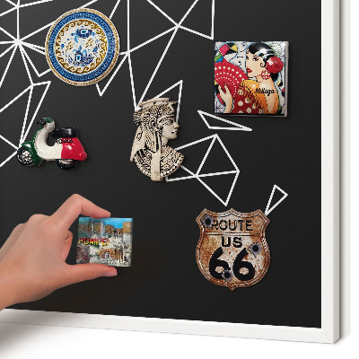 Magnetic board for travel magnets in a white frame World map