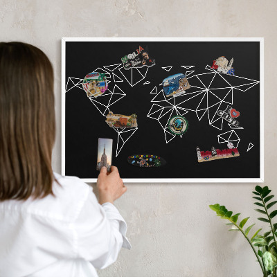 Magnetic board for travel magnets in a white frame World map