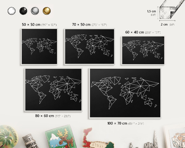 Magnetic board for travel magnets in a white frame World map