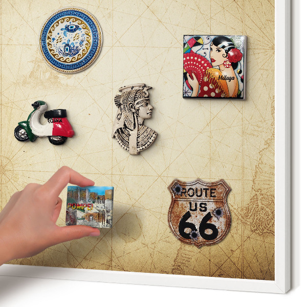 Magnetic board for travel magnets in a white frame Ancient map