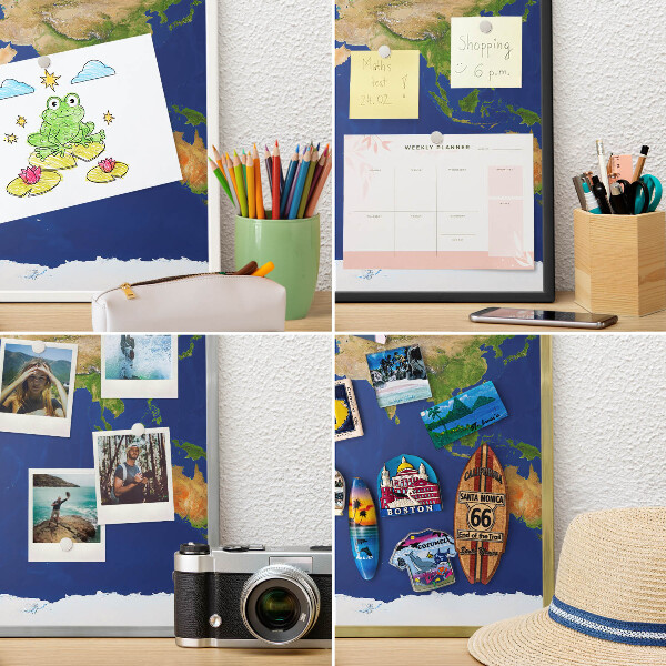 Decorative magnet board with a white frame Mapping the globe