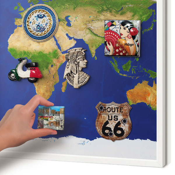 Decorative magnet board with a white frame Mapping the globe