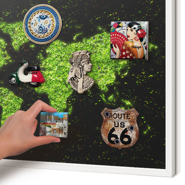 Magnetic board for travel magnets in a white frame Green map