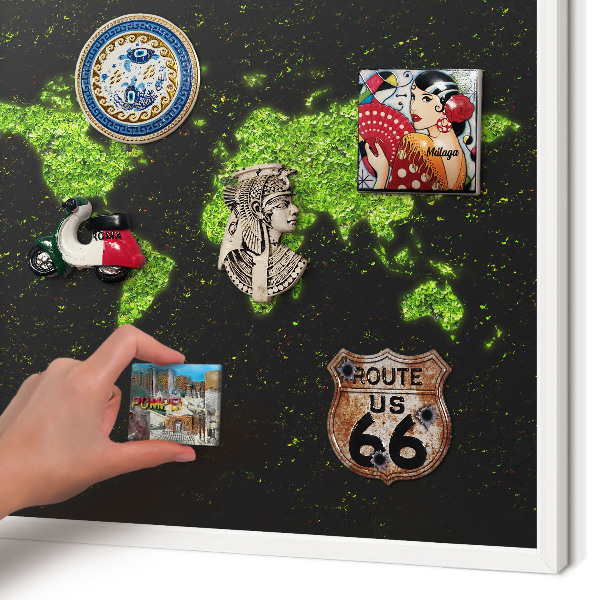 Magnetic board for travel magnets in a white frame Green map