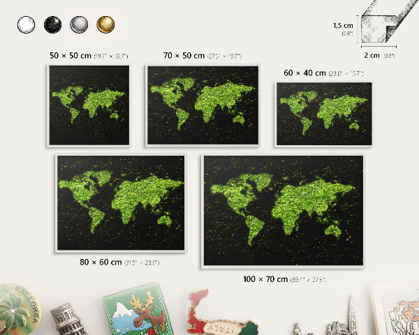 Magnetic board for travel magnets in a white frame Green map