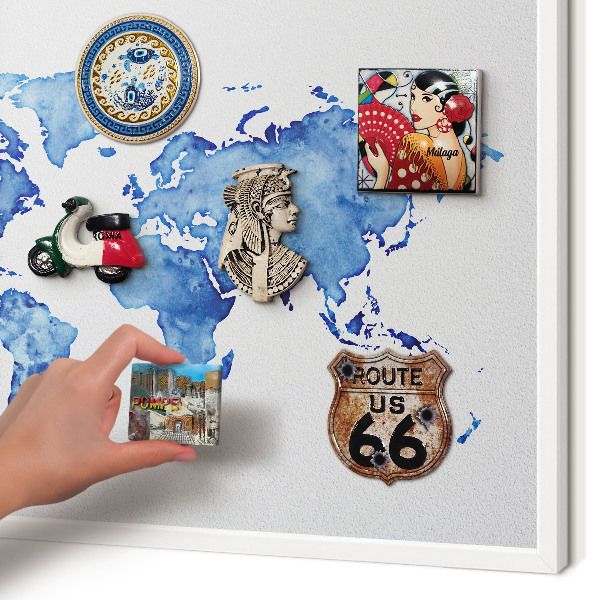 Magnetic board for travel magnets in a white frame Watercolor map