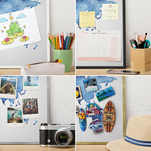Magnetic board for travel magnets in a white frame Watercolor map