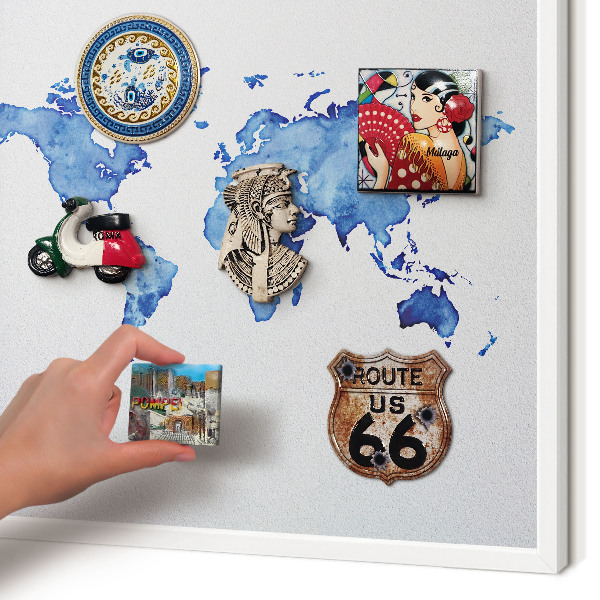 Magnetic board for travel magnets in a white frame Watercolor map