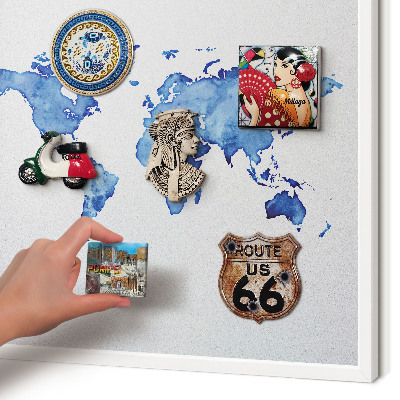 Magnetic board for travel magnets in a white frame Watercolor map