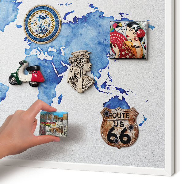 Magnetic board for travel magnets in a white frame Watercolor map