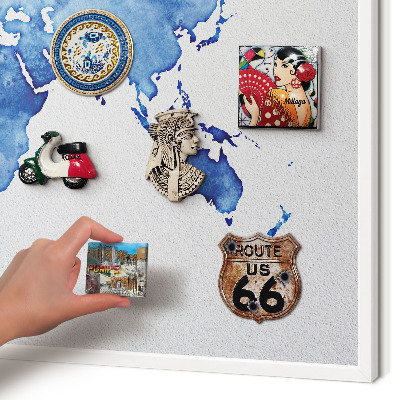 Magnetic board for travel magnets in a white frame Watercolor map