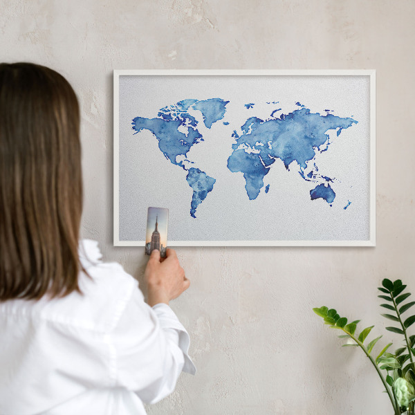 Magnetic board for travel magnets in a white frame Watercolor map