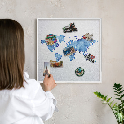 Magnetic board for travel magnets in a white frame Watercolor map