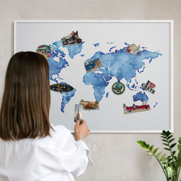 Magnetic board for travel magnets in a white frame Watercolor map