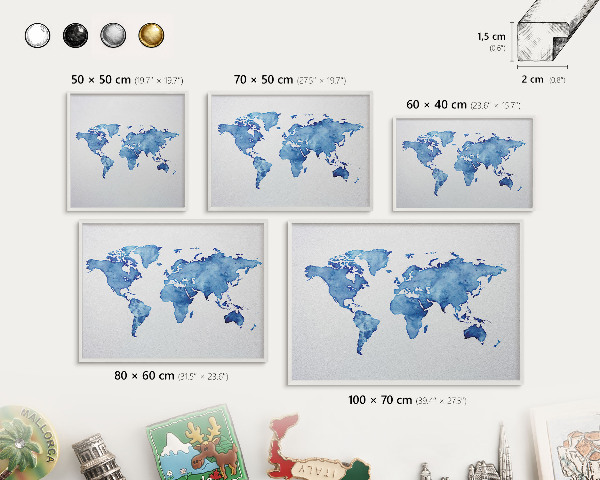 Magnetic board for travel magnets in a white frame Watercolor map