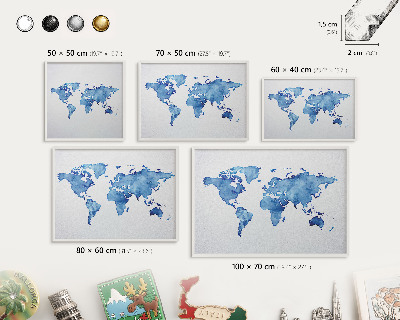 Magnetic board for travel magnets in a white frame Watercolor map