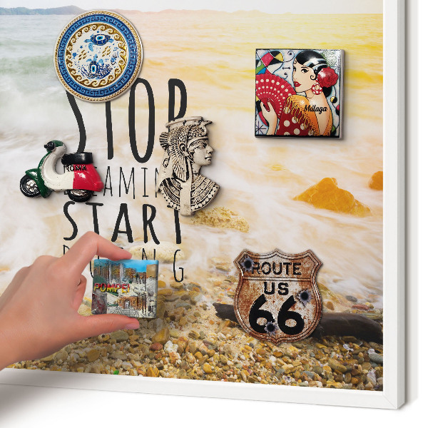 Magnetic board for travel magnets in a white frame Coast theme