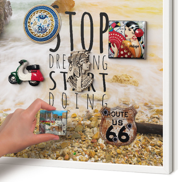 Magnetic board for travel magnets in a white frame Coast theme
