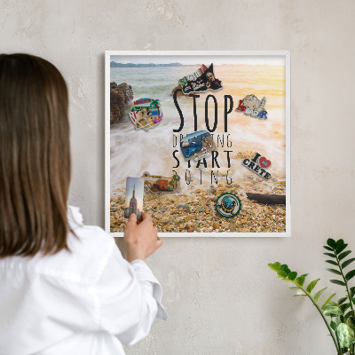 Magnetic board for travel magnets in a white frame Coast theme