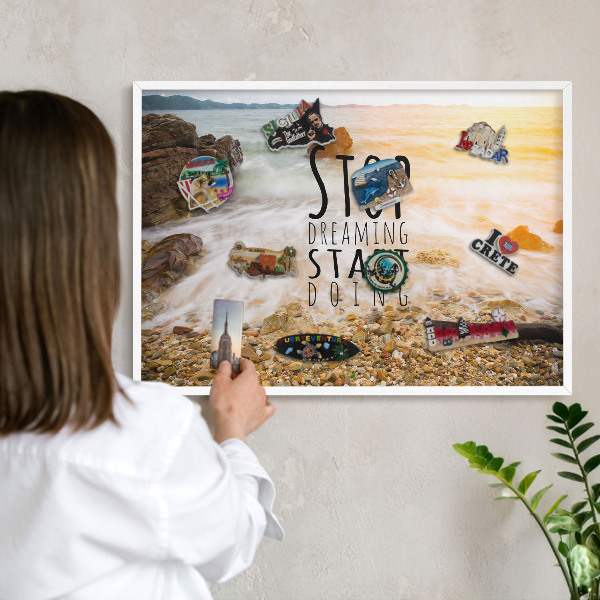Magnetic board for travel magnets in a white frame Coast theme