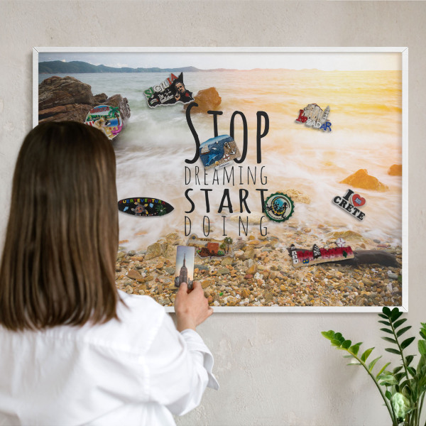 Magnetic board for travel magnets in a white frame Coast theme