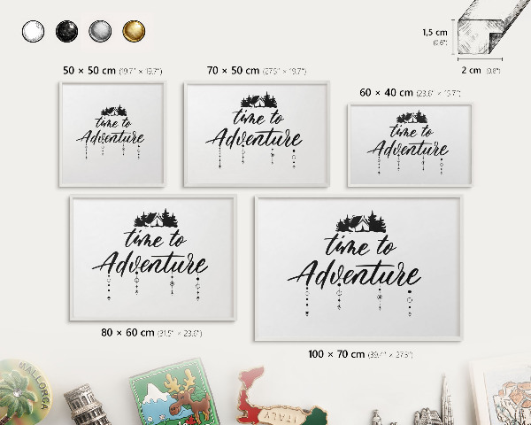Magnetic board for travel magnets in a white frame Adventure awaits