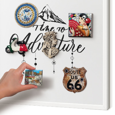Magnetic board for travel magnets in a white frame Mountain adventure