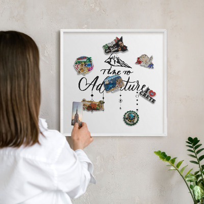 Magnetic board for travel magnets in a white frame Mountain adventure