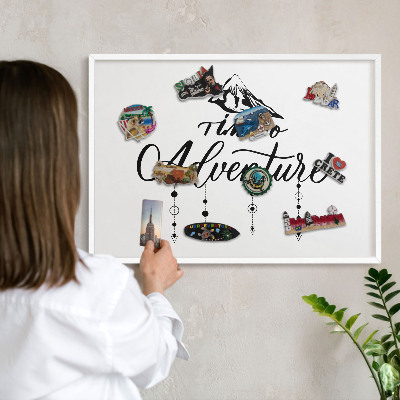 Magnetic board for travel magnets in a white frame Mountain adventure