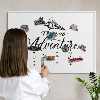 Magnetic board for travel magnets in a white frame Mountain adventure