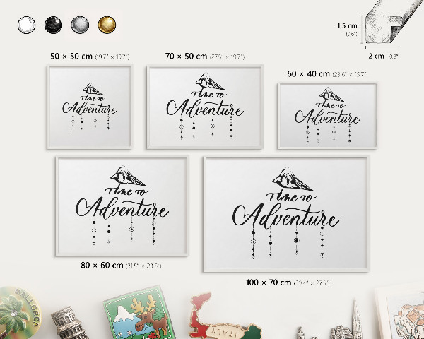 Magnetic board for travel magnets in a white frame Mountain adventure