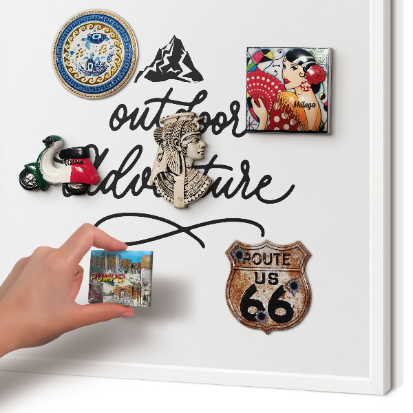 Magnetic board for travel magnets in a white frame Mountain adventure