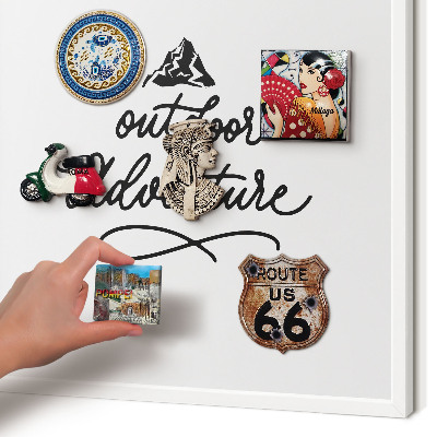 Magnetic board for travel magnets in a white frame Mountain adventure