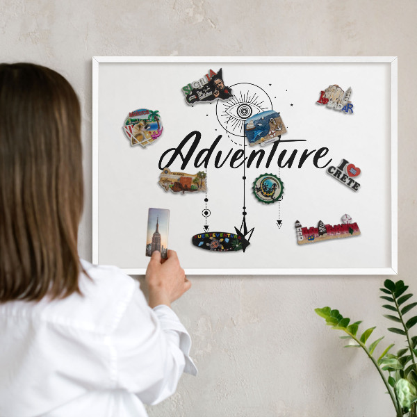 Magnetic board for travel magnets in a white frame Adventure Theme