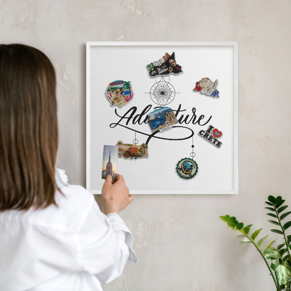 Magnetic board for travel magnets in a white frame Typographic Adventure