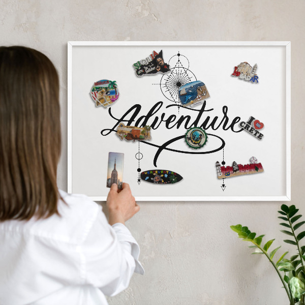 Magnetic board for travel magnets in a white frame Typographic Adventure
