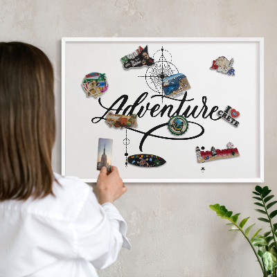 Magnetic board for travel magnets in a white frame Typographic Adventure