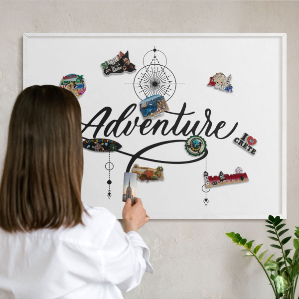 Magnetic board for travel magnets in a white frame Typographic Adventure