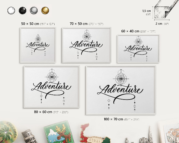 Magnetic board for travel magnets in a white frame Typographic Adventure