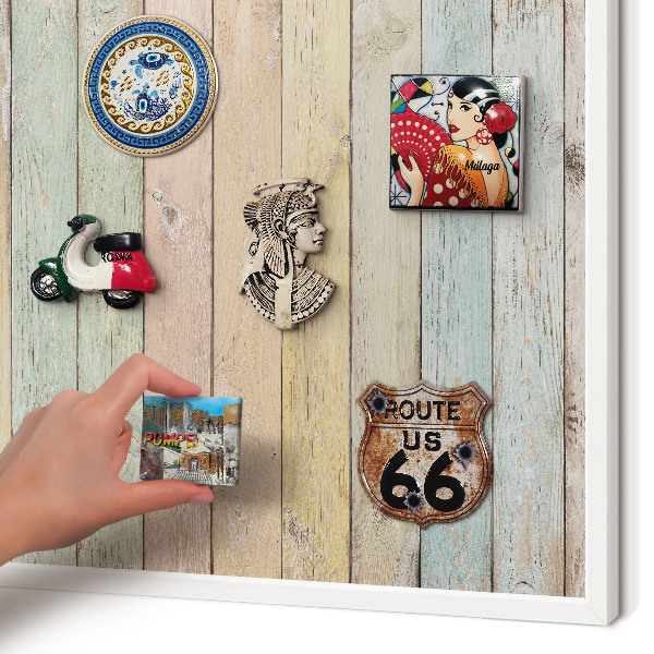 Magnetic board for travel magnets in a white frame Rustic boards