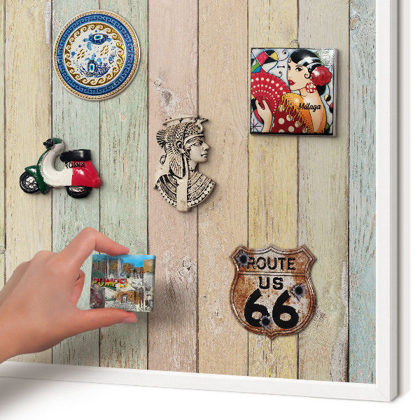 Magnetic board for travel magnets in a white frame Rustic boards