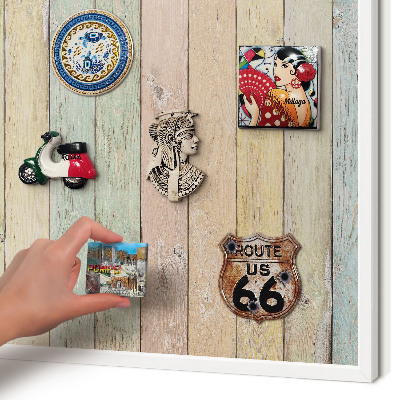 Magnetic board for travel magnets in a white frame Rustic boards