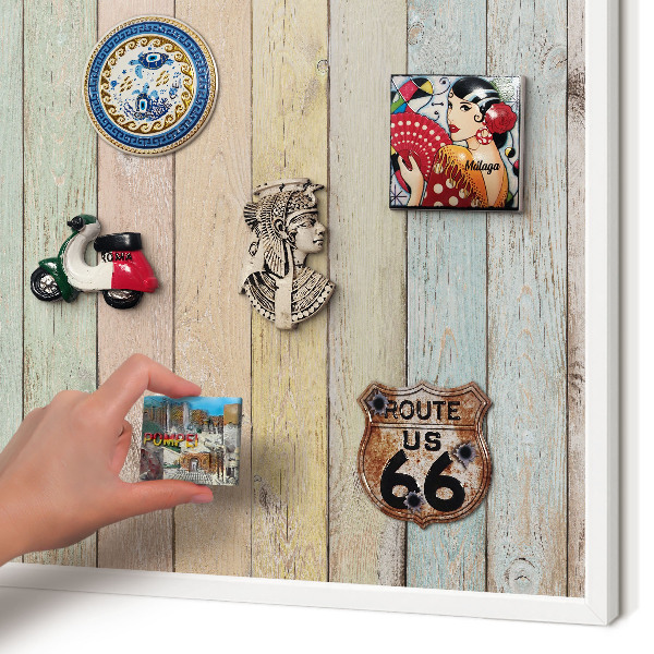 Magnetic board for travel magnets in a white frame Rustic boards