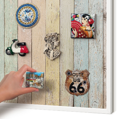 Magnetic board for travel magnets in a white frame Rustic boards