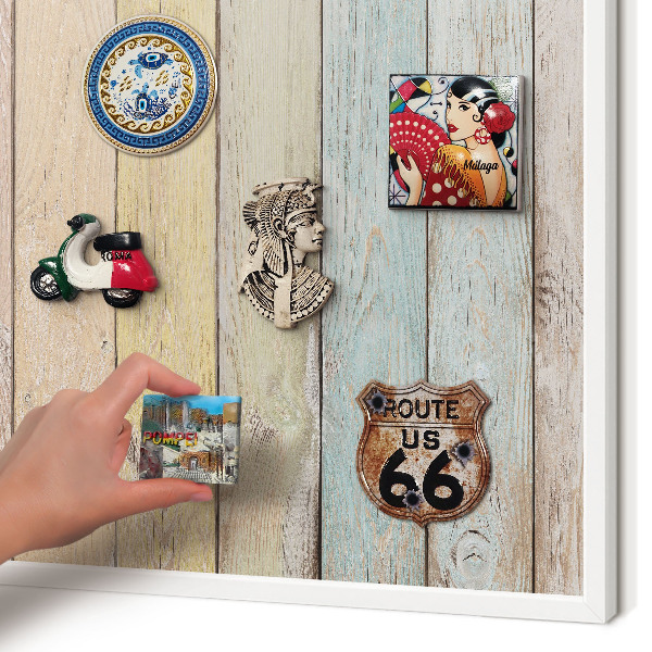 Magnetic board for travel magnets in a white frame Rustic boards