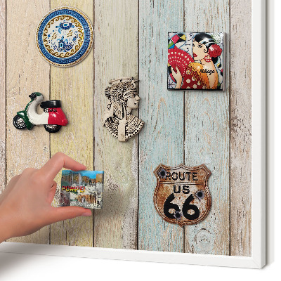 Magnetic board for travel magnets in a white frame Rustic boards