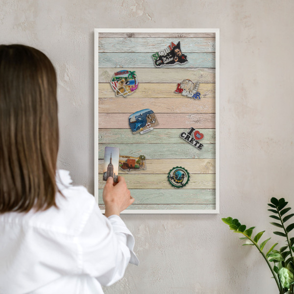 Magnetic board for travel magnets in a white frame Rustic boards